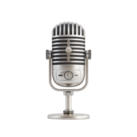 Vintage style silver microphone with classic design, featuring round base and adjustable stand, evokes sense of nostalgia and elegance, perfect for broadcasting or podcasting png