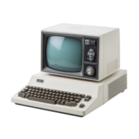 Vintage computer with CRT monitor and keyboard evokes nostalgia for early computing technology. beige casing and retro design highlight evolution of personal computers png
