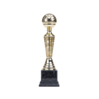 Tall, elegant gold trophy with globe design on top, set on black marble base, symbolizes achievement and excellence. Perfect for awards and recognition events png