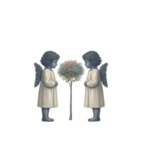 Two cherubic figures with wings stand facing each other, each wearing simple gown. Between them is small tree with colorful foliage, creating serene and whimsical scene png