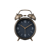 Vintage style bronze alarm clock with dark blue face and white numerals, featuring two bells on top and classic clock hands, evokes sense of nostalgia and timelessness png