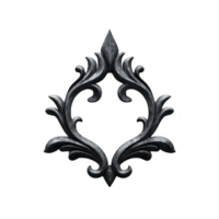Ornate, symmetrical black wrought iron design with intricate scrollwork and pointed top, resembling decorative element for gates or fences png