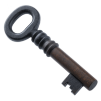 Antique metal key with round handle and intricate design, showcasing vintage craftsmanship and rustic charm. key aged appearance adds sense of history and mystery png