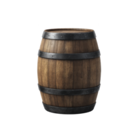 Wooden barrel with metal bands is displayed against plain background, showcasing its rustic and vintage design. barrel texture and craftsmanship evoke sense of tradition and history png