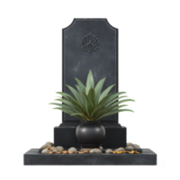 Black tombstone with shell engraving stands solemnly, adorned with potted plant at its base. Pebbles and dried leaves are scattered around, adding natural touch png