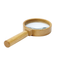 Wooden handled magnifying glass with circular lens is shown against transparency background, highlighting its simple and classic design png
