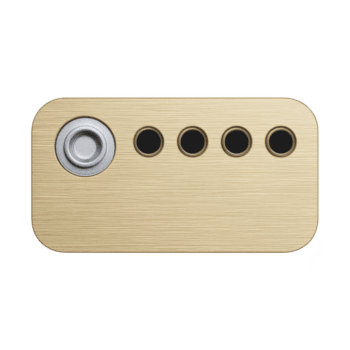 retangular, metálico, ouro colori objeto com escovado textura características circular botão em esquerda e quatro menor circular buracos em certo. Projeto é lustroso e moderno png