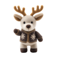 Cute plush reindeer toy wearing festive jacket with snowflake patterns, featuring soft antlers and friendly expression. Perfect for holiday decorations or gifts png