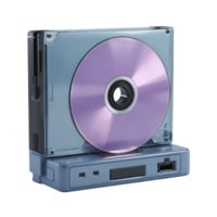 Purple CD is encased in transparent blue case, resting on retro style electronic device. setup evokes nostalgia with its vintage design and color scheme png