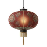 Traditional red Chinese lantern with intricate floral patterns and golden tassels, glowing warmly. lantern is suspended by black cord, creating festive and cultural ambiance png