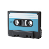 Retro blue cassette tape with black casing and visible reels evokes nostalgia. tape features blank label for customization, capturing essence of vintage audio recording png