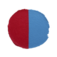 Circle is divided into two halves with textured surface, one side painted red and other blue, creating striking contrast. rough edges add artistic touch png