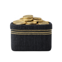 Small black box filled with shiny gold coins, symbolizing wealth and prosperity. box has textured surface with gold accents, adding touch of elegance and luxury to scene png