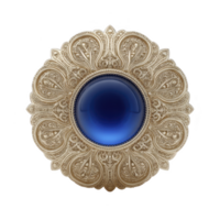 Ornate gold medallion with intricate patterns surrounds central deep blue gemstone, creating luxurious and elegant appearance. design is detailed and symmetrical png