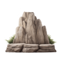Large, rugged rock formation with jagged edges stands prominently, surrounded by small green shrubs at its base, creating natural and serene landscape png