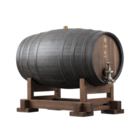 Wooden barrel with metal bands is placed on wooden stand, featuring spigot for dispensing liquids. barrel rustic design suggests it is used for aging or storing beverages like wine or whiskey png