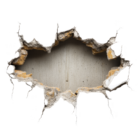 Large, jagged hole in concrete wall reveals rough, textured surface, suggesting damage or demolition. edges are uneven, with exposed rebar and crumbling material, creating dramatic effect png