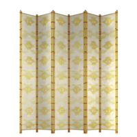 Decorative folding screen with gold floral pattern on transparency background, featuring wooden frames. elegant design adds touch of sophistication to any room png