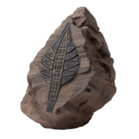 Large, rugged stone features intricate, geometric leaf design carved into its surface, showcasing blend of natural and artistic elements. carving adds sense of mystery and ancient craftsmanship png