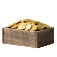 Wooden box filled with shiny gold coins, symbolizing wealth and treasure, is displayed against transparency background. rustic container contrasts with gleaming coins, creating sense of discovery png