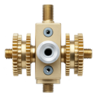 Complex brass gear mechanism with multiple interlocking gears and threaded connectors, showcasing precision engineering and industrial design png