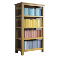 Wooden bookshelf filled with colorful books arranged by color, creating visually appealing gradient effect. bookshelf has four shelves, each displaying books different hues, adding vibrant touch png