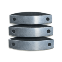 Stack of three metallic, curved plates with holes on each end, resembling industrial components or mechanical parts. shiny surface and symmetrical design suggest durability and precision png