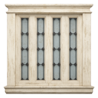 Vintage wooden window frame with three vertical glass panels featuring decorative metal bars, showcasing antique and rustic design. frame has distressed, weathered finish png