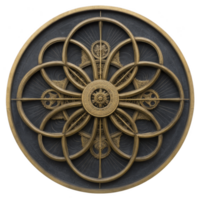 intrincado, circular, steampunk inspirado Projeto características intertravamento engrenagens e ornamentado padrões dentro ouro e preto, criando hipnotizante mecânico mandala png
