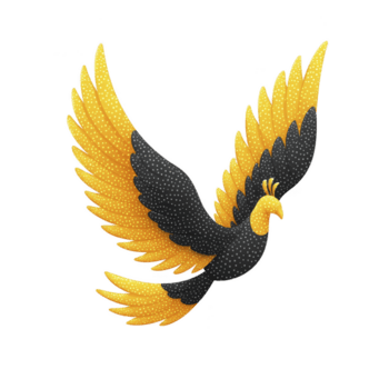 vibrante ilustración de estilizado pájaro con sorprendentes amarillo y negro alas, exhibiendo dinámica pose. pájaro diseño caracteristicas intrincado punto patrones, agregando textura y profundidad png