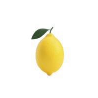 Vibrant yellow lemon with single green leaf attached, showcasing its fresh and juicy appearance against plain background png