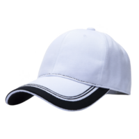 White baseball cap with black accents on brim, showcasing simple and sporty design. cap is made of fabric and features curved visor, suitable for casual wear png