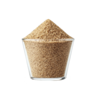 Clear glass filled with brown sugar, showcasing its granular texture and rich color, is set against plain background. sugar is heaped above rim, emphasizing its abundance png