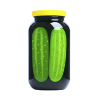Jar of pickles with yellow lid contains two whole cucumbers submerged in brine. vibrant green cucumbers are visible through clear glass, showcasing their dotted texture png