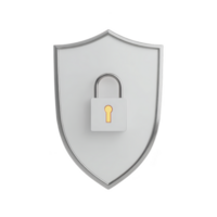White shield with silver outline features central padlock symbolizing security and protection. design conveys sense of safety and reliability png