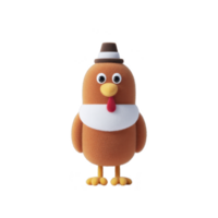 Cute cartoon turkey with pilgrim hat and white bib stands cheerfully, symbolizing Thanksgiving. Its round body and bright colors add playful touch to festive theme png