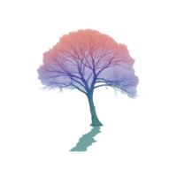 Vibrant tree with bare branches is depicted in gradient of red to blue, creating striking silhouette against transparency background. reflection below adds depth and symmetry png