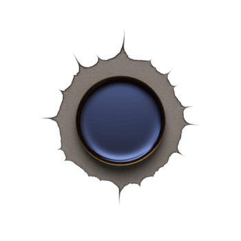 Round, blue button with metallic rim is set against textured, spiky background, creating futuristic and abstract design. contrast between smooth button and jagged edges adds visual interest png