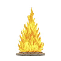Vibrant campfire with bright yellow and orange flames dances energetically, surrounded by circle of smooth stones, creating warm and inviting atmosphere png