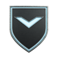 Sleek black shield with glowing blue chevron design, symbolizing protection and strength. modern emblem is set against metallic border, conveying sense of futuristic security png