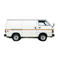 Classic white van with retro orange stripes is shown in side view, highlighting its vintage design and compact size. vehicle clean lines and nostalgic style evoke sense of adventure png