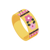 Vibrant yellow ring with floral patterns and decorative elements, featuring pink and black flowers with green leaves, creating cheerful and playful design png