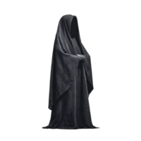 Mysterious figure stands shrouded in dark, flowing cloak, exuding aura of enigma and intrigue. hooded robe conceals face, adding to air of mystery png