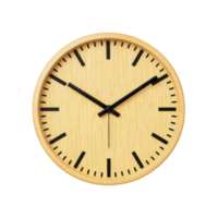 Round wall clock with wooden finish and black hour markers and hands, displaying minimalist design. clock simple aesthetic adds touch of elegance to any room decor png