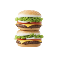 Juicy double cheeseburger with lettuce, tomato, onion, and cheese stacked between sesame seed buns, creating mouthwatering and satisfying meal png