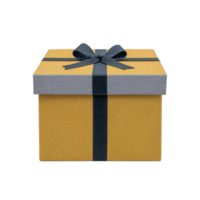 Yellow gift box with textured surface and gray lid is adorned with black ribbon and bow, creating elegant and festive appearance png