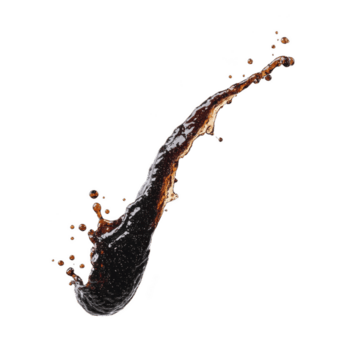 Dynamic splash of dark liquid arcs gracefully against transparency background, capturing motion and energy. droplets scatter, creating sense of fluidity and excitement png