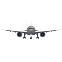 Front view of commercial airplane with landing gear extended, showcasing its sleek design and powerful engines. aircraft is set against transparent background, emphasizing its modern engineering png