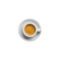 Top view of white cup filled with espresso on saucer, isolated on transparency background, showcasing rich, dark coffee with light crema on top png