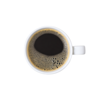 Steaming cup of black coffee in white ceramic mug viewed from above, showcasing rich, dark liquid and frothy bubbles. simplicity and elegance evoke sense of calm and focus png